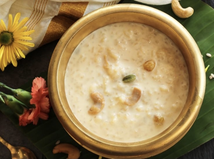 Rice pudding with nuts in a brass bowl